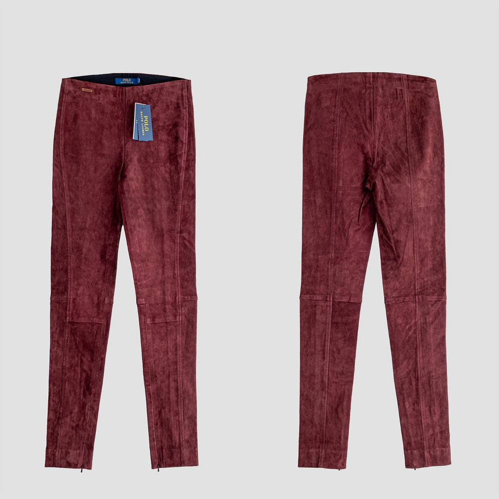 NWT Polo Ralph Lauren Lambskin Suede Zip Legging Pants Burgundy Womens $998 - S